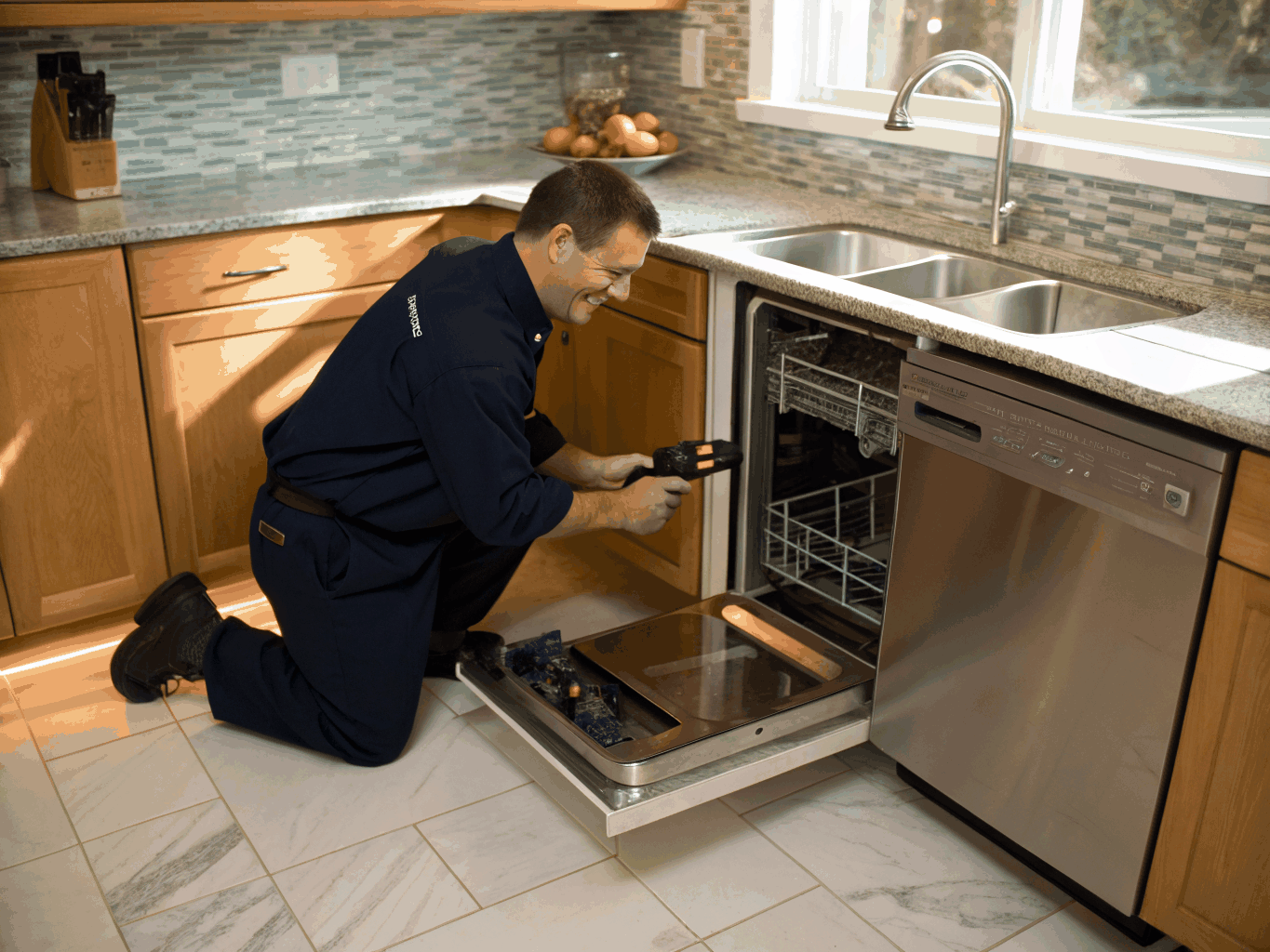 Modern built-in dishwasher door open during diagnostic service