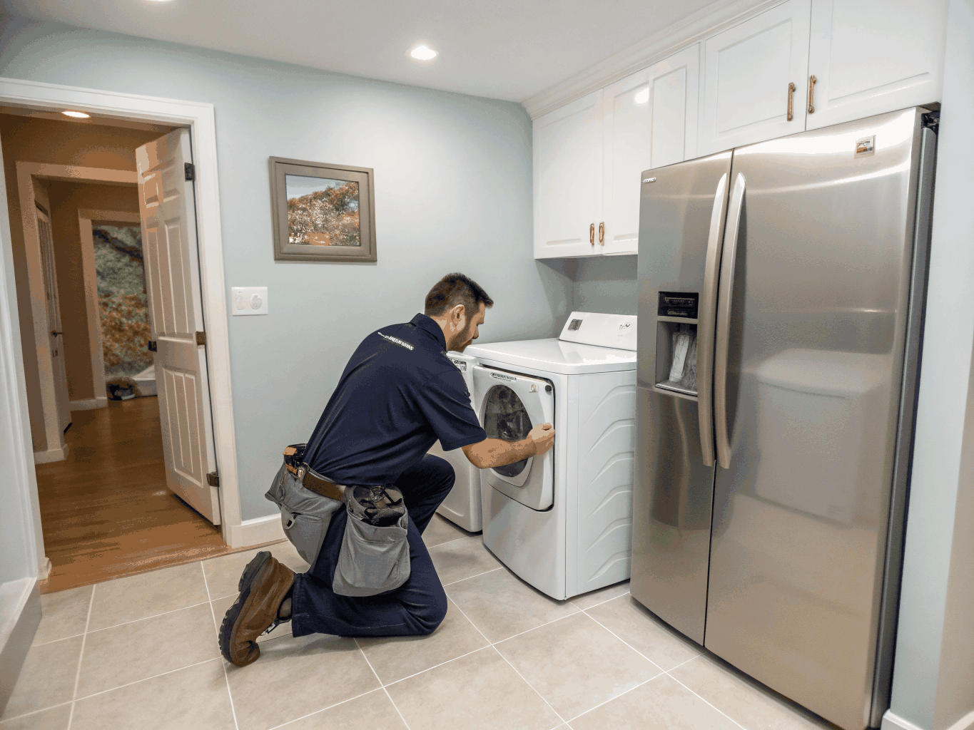 Professional technician inspecting a dryer drum and heating element