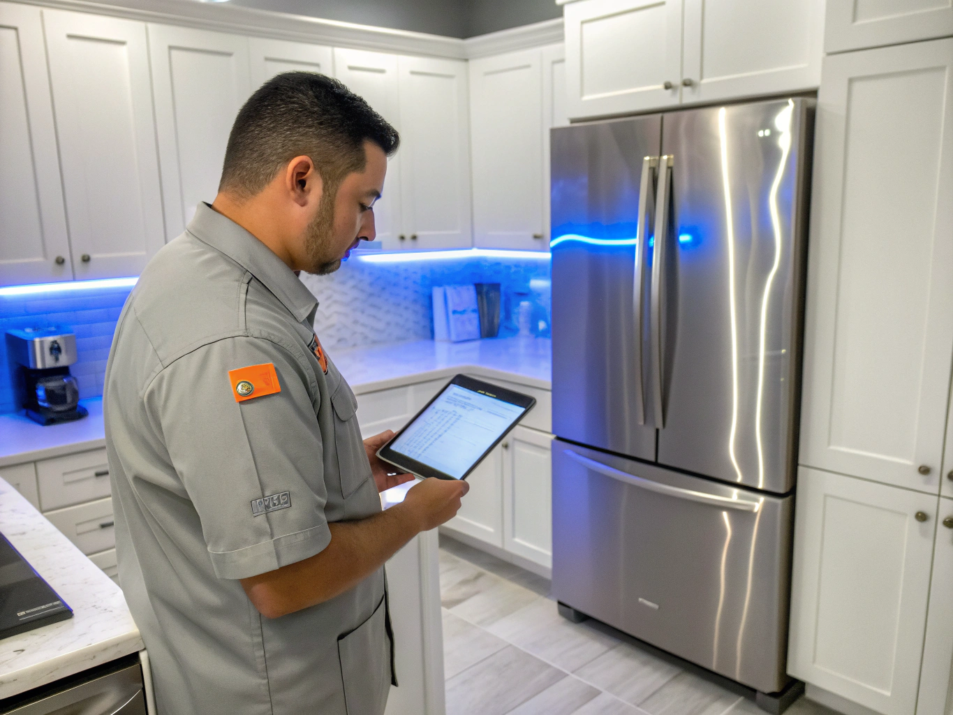 Technician servicing a premium stainless steel Electrolux kitchen refrigerator
