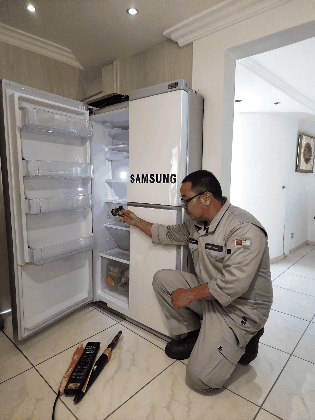 Professional technician inspecting and repairing a home freezer in Griffin GA