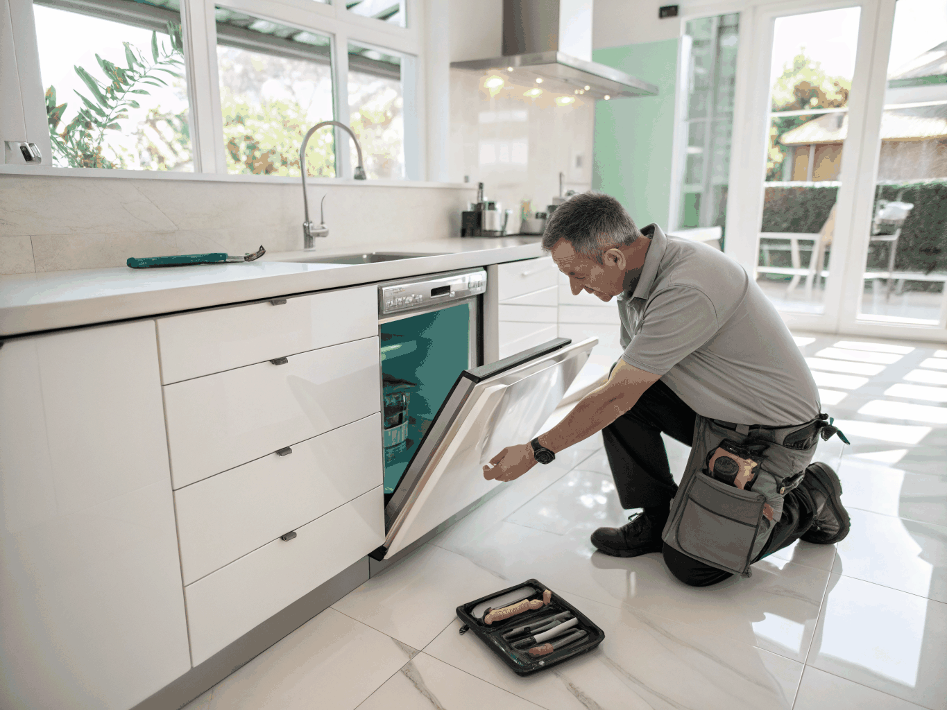 Appliance repair technician inspecting and repairing a garbage disposal under a sink