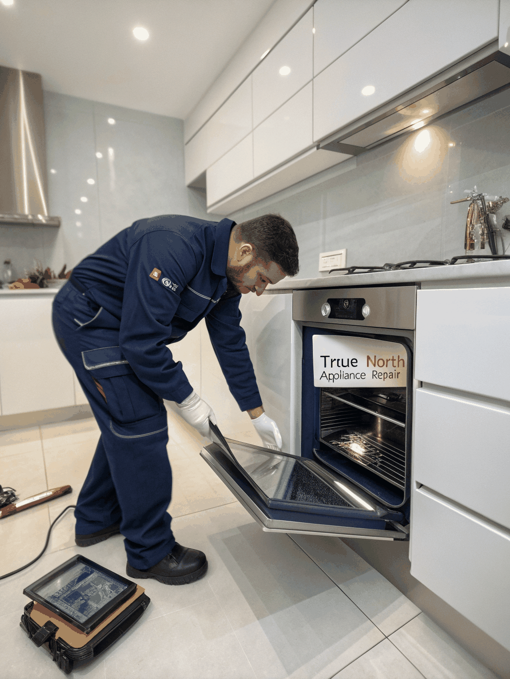 Certified appliance repair technician inspecting a residential gas cooktop burner safely