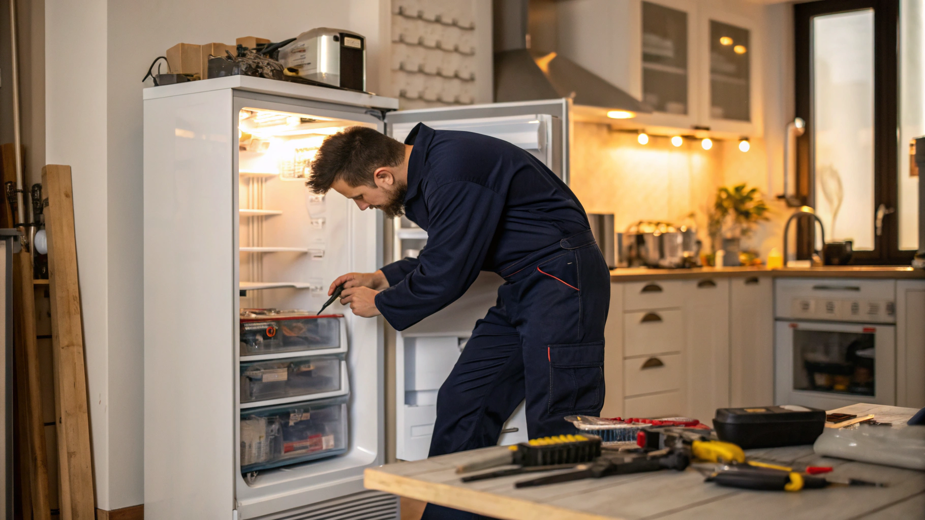 Close-up of refrigerator ice maker unit repair