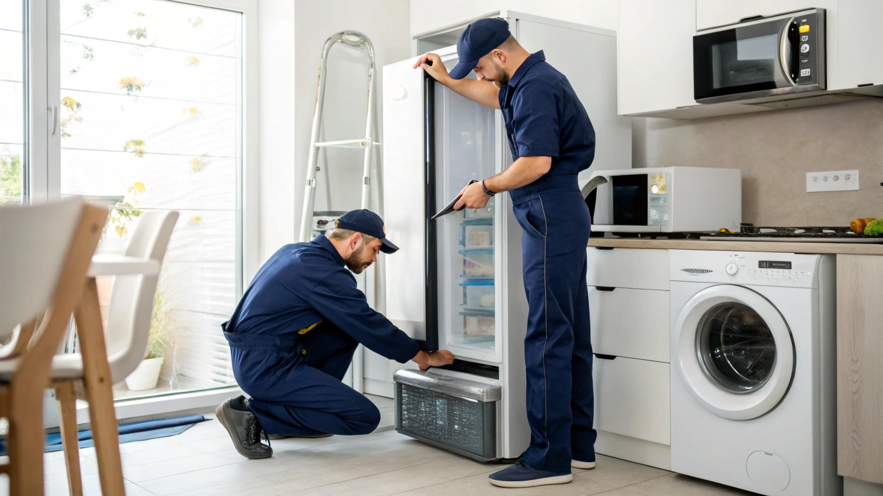 Appliance repair technician diagnosing refrigerator cooling and thermostat issues