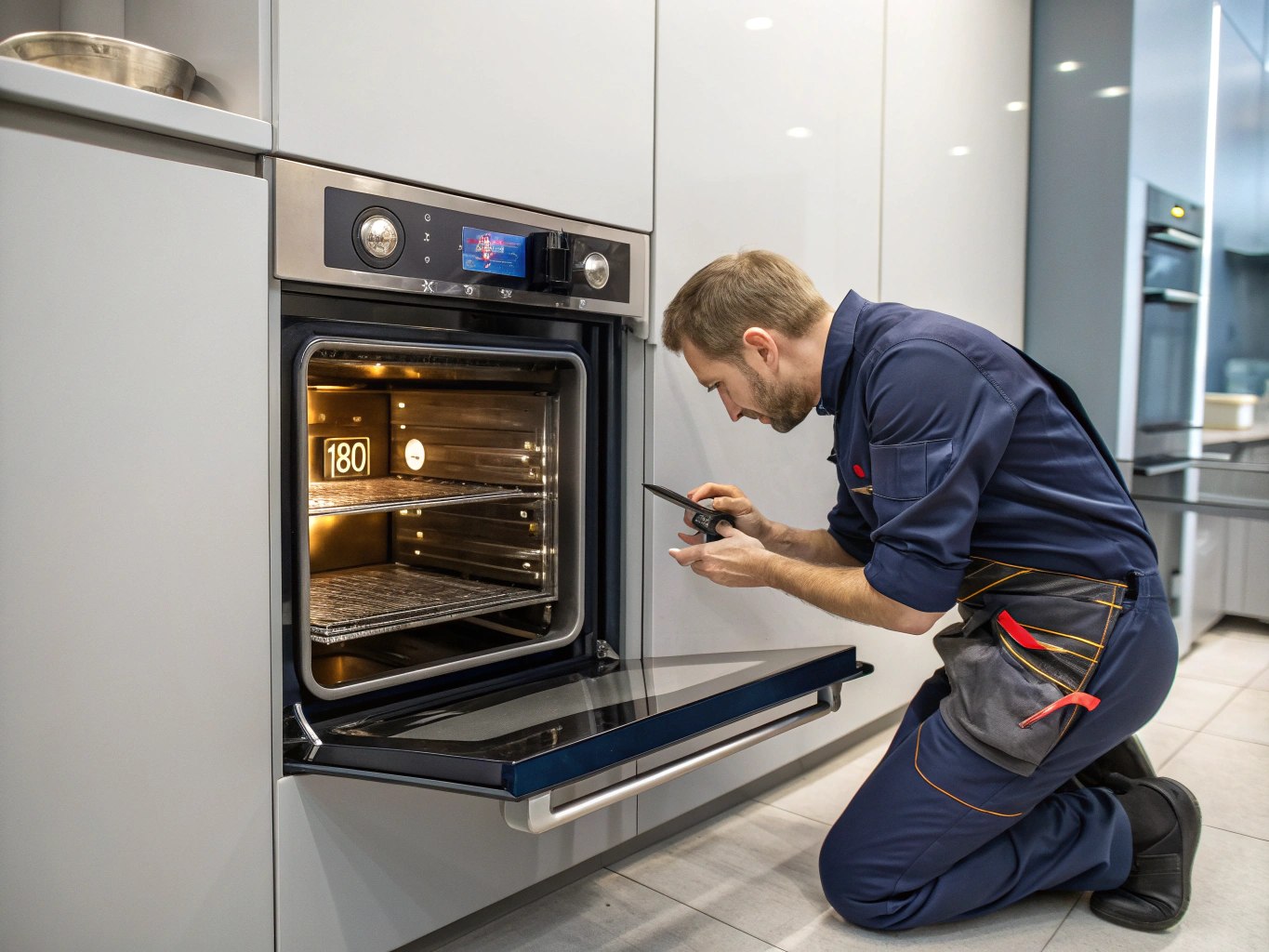 Professional technician inspecting and repairing a built-in microwave oven