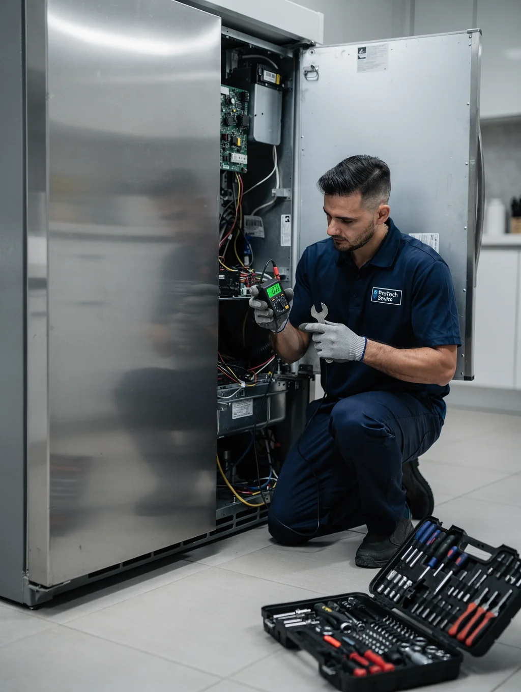 Experienced appliance repair technician diagnosing a residential refrigerator in Griffin GA