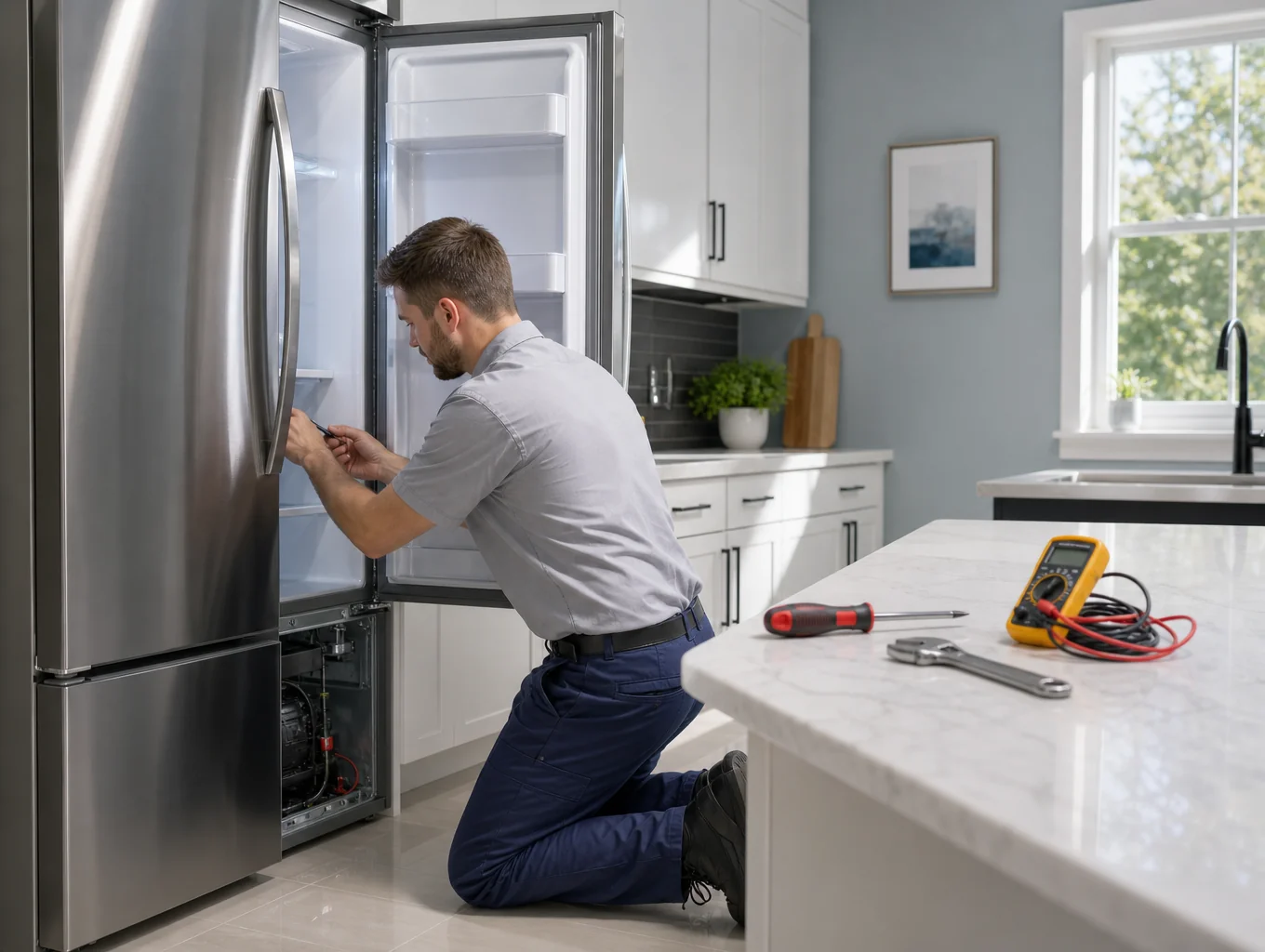 Professional technician servicing a residential kitchen refrigerator with diagnostic tools in Griffin GA