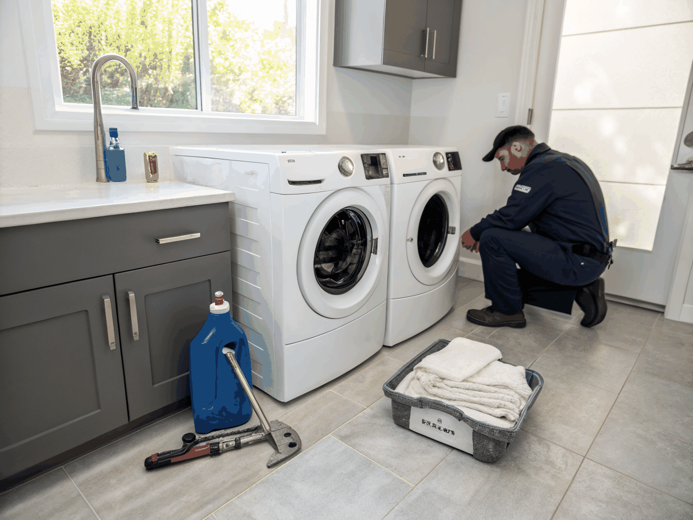 Front-load washer and dryer set in home laundry room