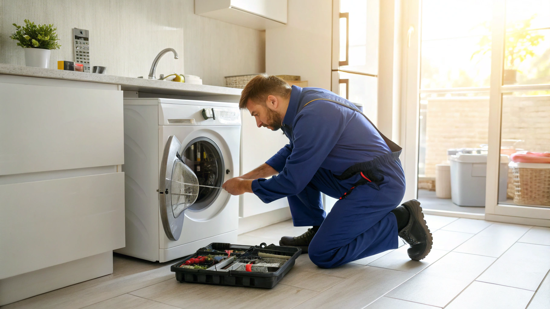 Appliance repair technician diagnosing washing machine drum and drainage issues in Griffin GA